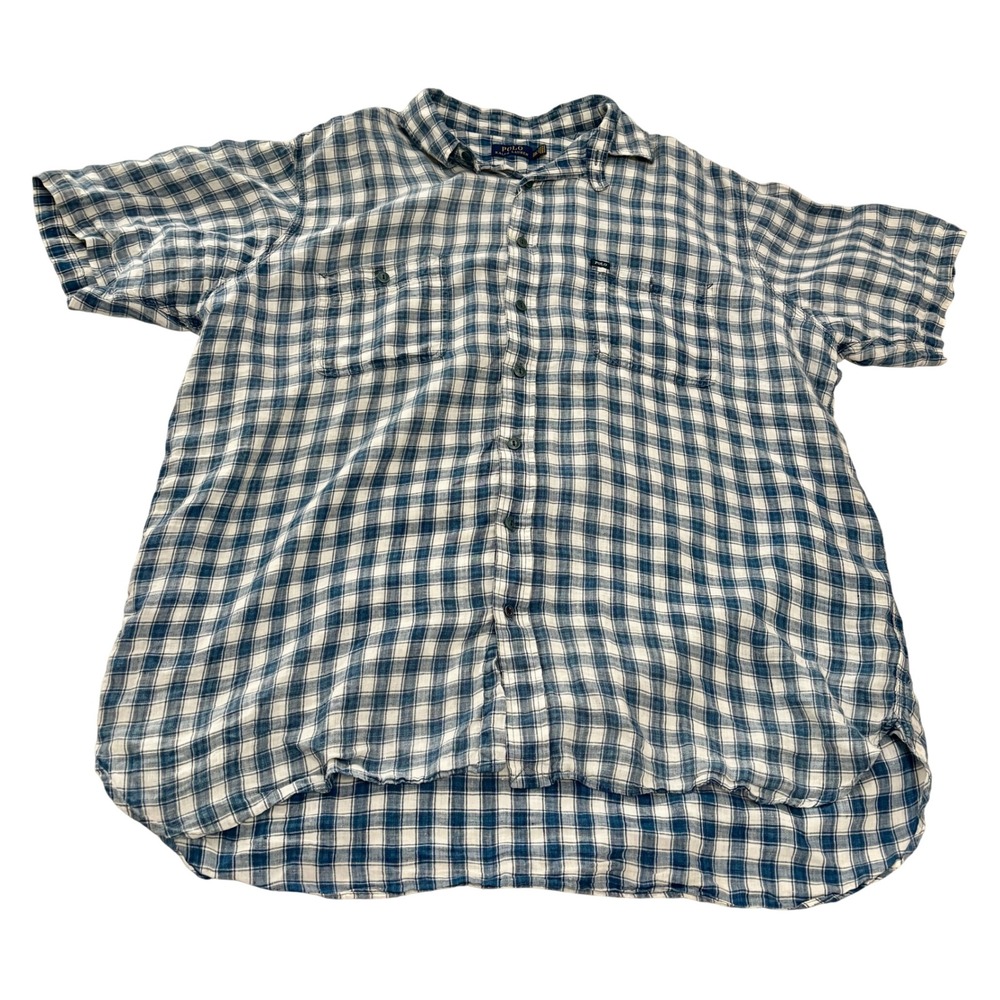 Polo Ralph Lauren Shirt Mens 2XLT Blue Plaid 100% Linen Short Sleeve Button Up